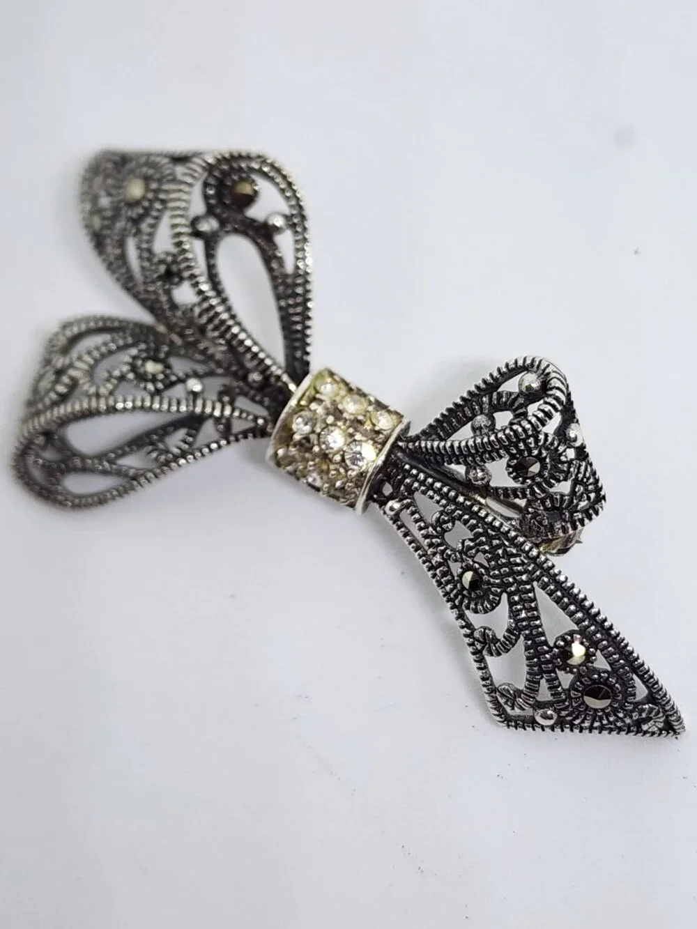 Vintage Sterling Silver Rhinestone and Marcasite Accent Bow Pin Brooch